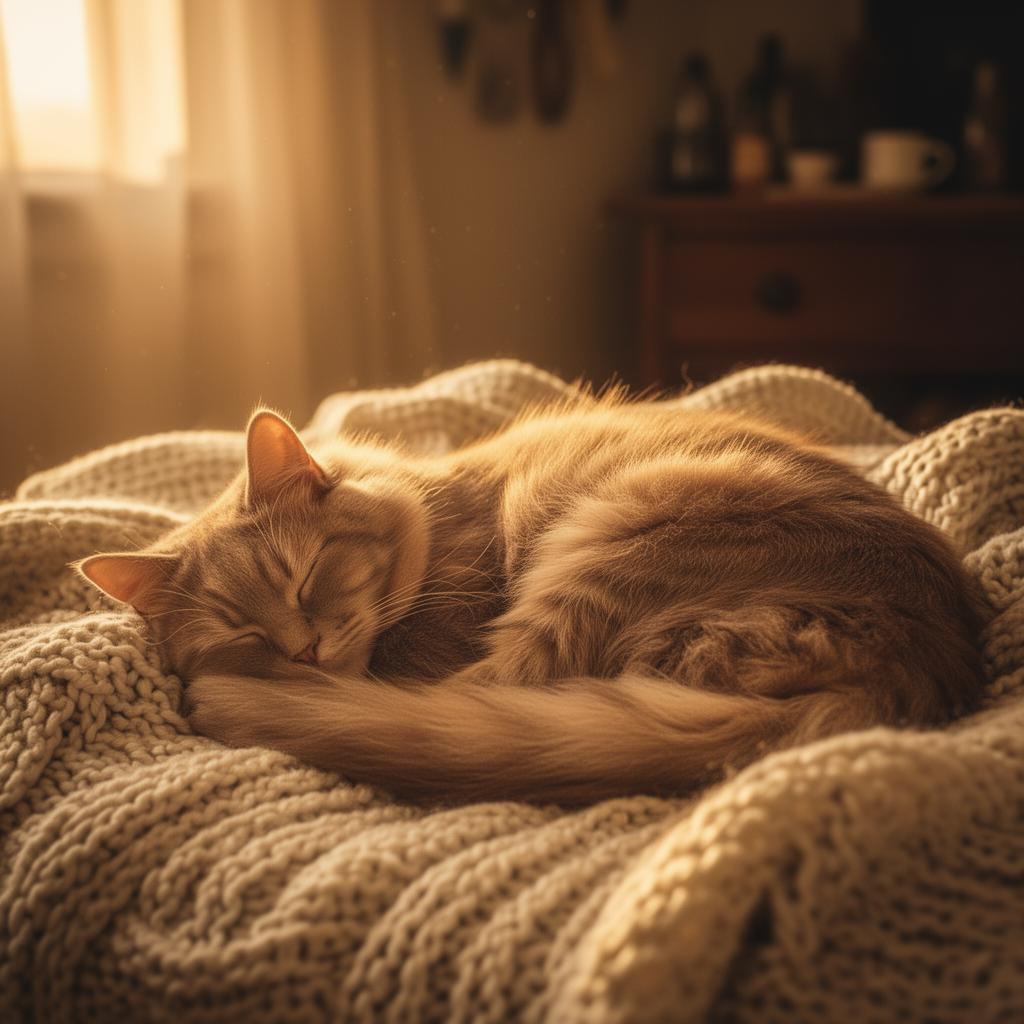 Gato durmiendo en una manta tejida