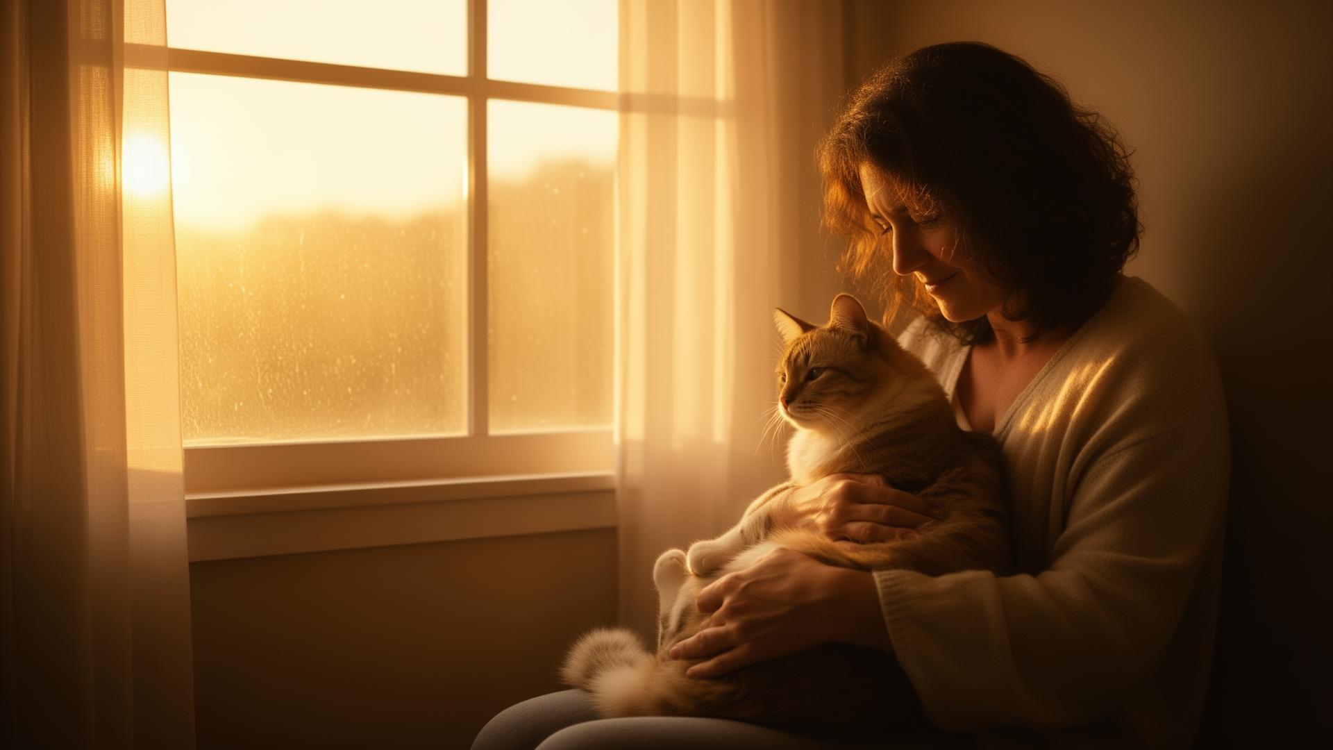 Persona abrazando a su gato al atardecer