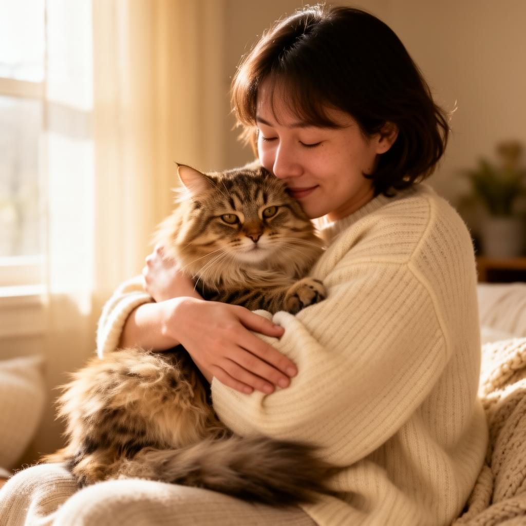 Persona abrazando a su gato con ternura