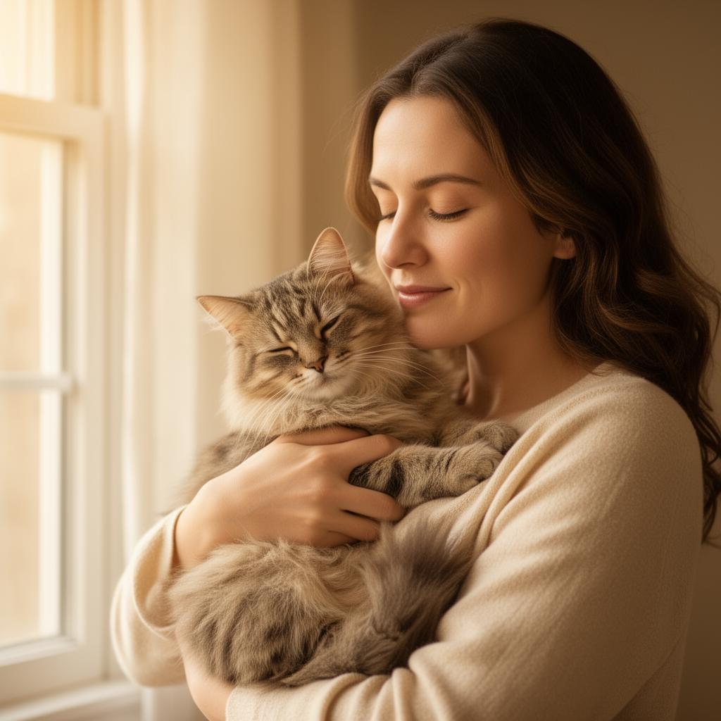 Mujer sosteniendo a su gato cerca del corazón